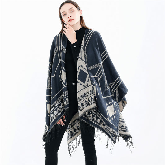 Nepal Geometric Abstract Tassel Split Lengthened Women Shawl Warm Air Conditioned Room Cloak