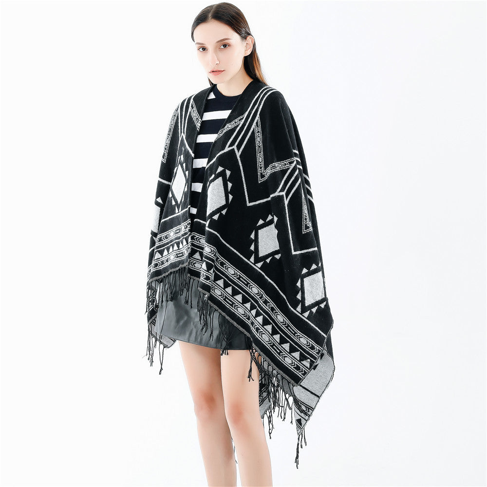 Nepal Geometric Abstract Tassel Split Lengthened Women Shawl Warm Air Conditioned Room Cloak