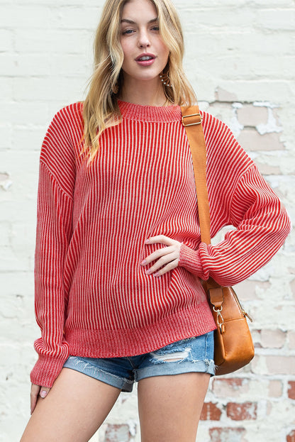 Red Casual Stripe Print Round Neck Sweater