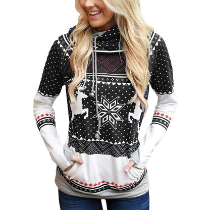 Autumn New    Christmas Printing Pocket Long Sleeve Hooded Casual Hoodie Women