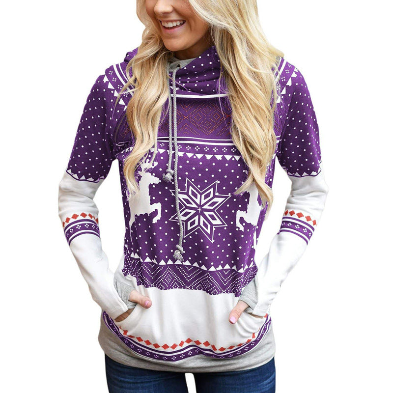 Autumn New    Christmas Printing Pocket Long Sleeve Hooded Casual Hoodie Women