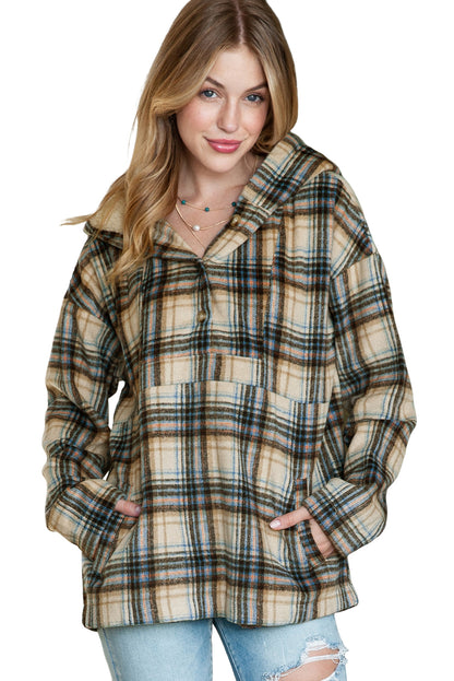 Khaki Plaid Button Neck Pocketed Pullover Hoodie