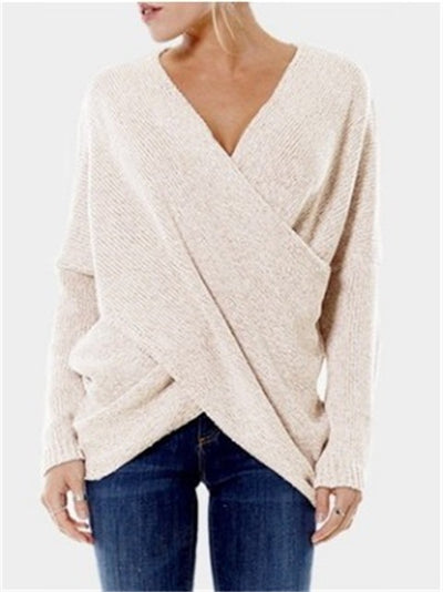 Autumn All Matching Solid Color Simple Warm Sexy V neck Criss Cross Criss Cross Long Sleeves Pullover Knitted Sweater Women