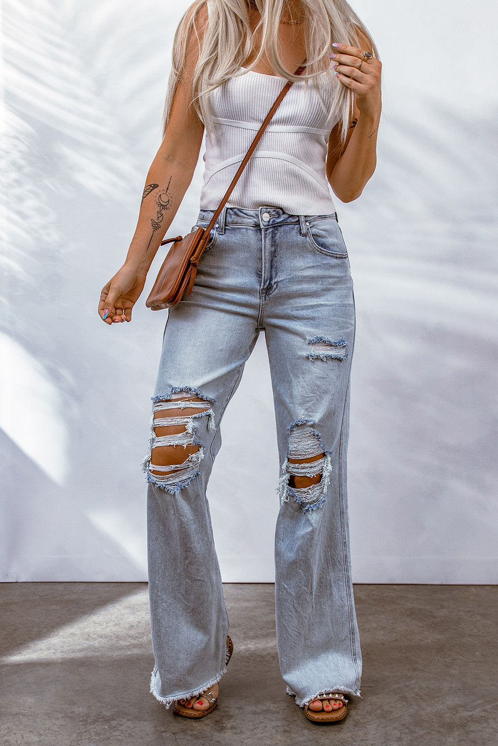 Light Blue Washed Casual Wide Leg Raw Hem Distressed Jeans