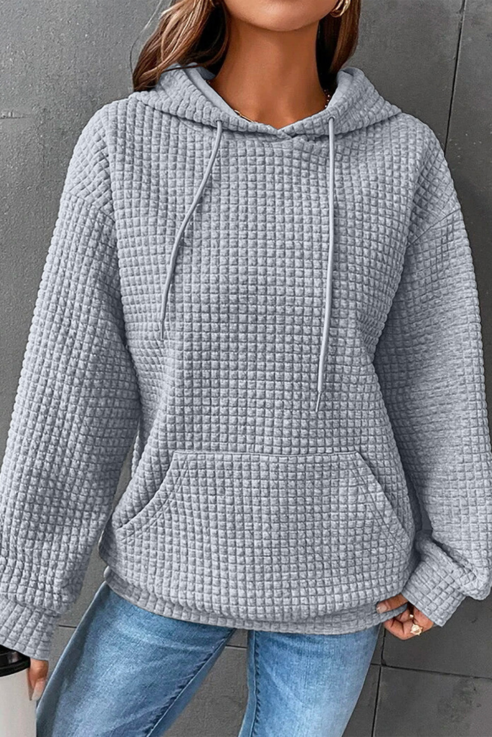 White Lattice Textured Kangaroo Pocket Drawstring Hoodie