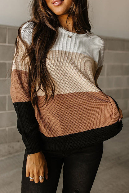 Chestnut Color Block Casual Knit Pullover Sweater