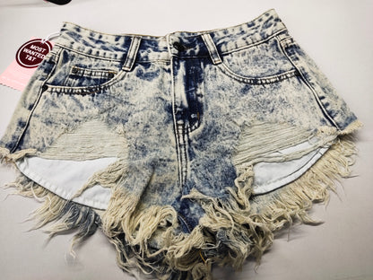 Slim-Fit High Waist Worn Irregular Asymmetric Leak Pocket Snowflake Nostalgic Denim Shorts