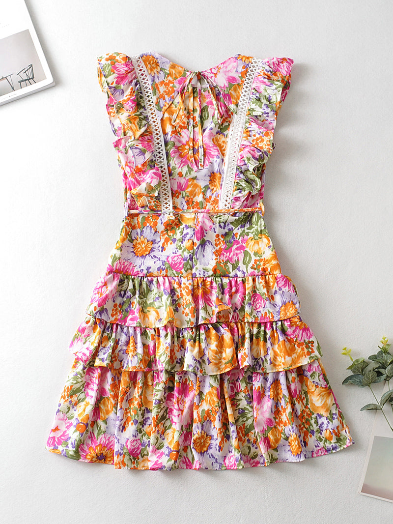 Spring Summer New Women Printed Tiered Dress Women Clothing Floral Burst