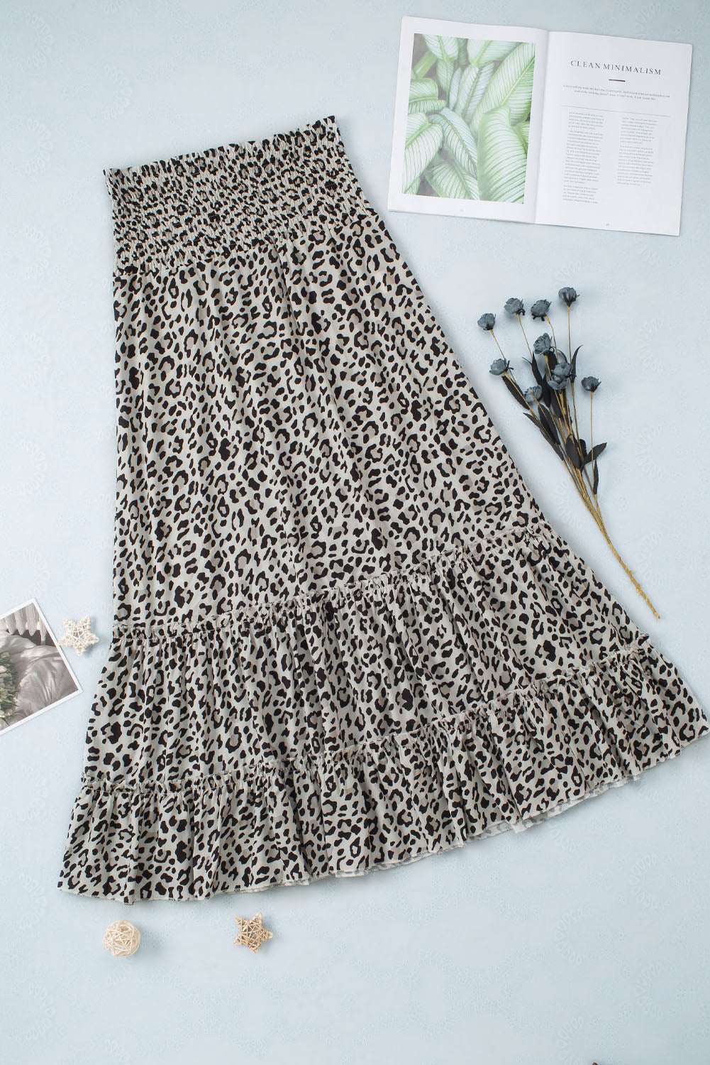 Leopard Embellished High Waist Frill Tiered Maxi Skirt