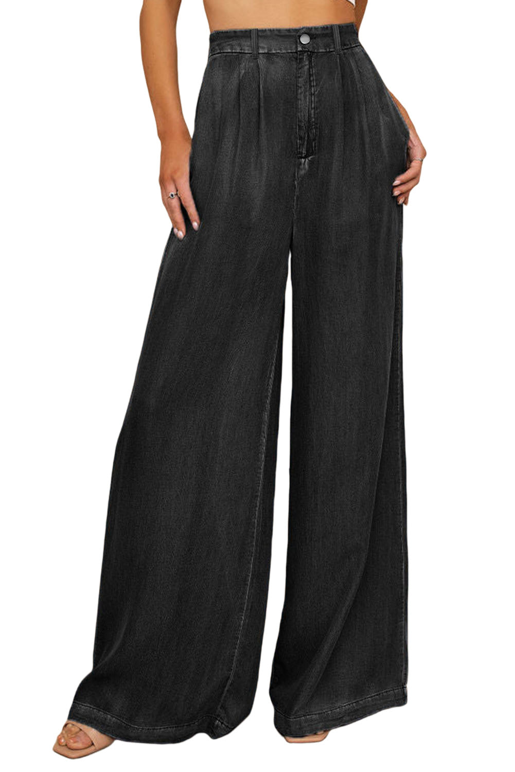 Black Elegant Tencel Wide Leg Soft Denim Flared Pants