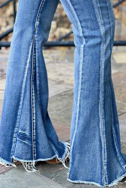 Light Blue Acid Wash Raw Hem Flared Jeans