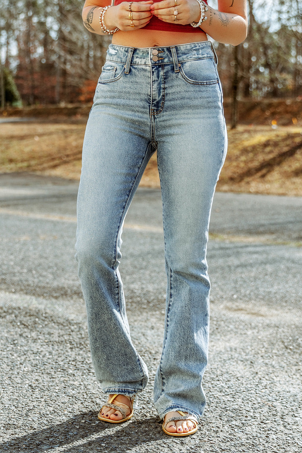 Blue Light Wash Distressed Flare High Rise Jeans