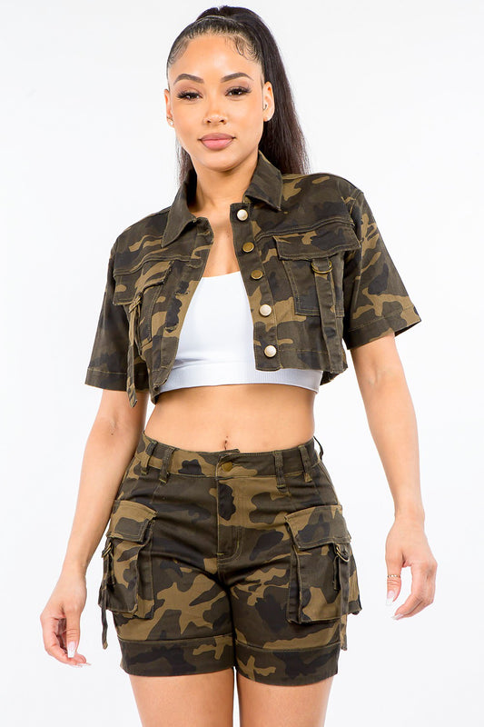 American Bazi Full Size Camouflage Short Sleeve Cropped Jacket