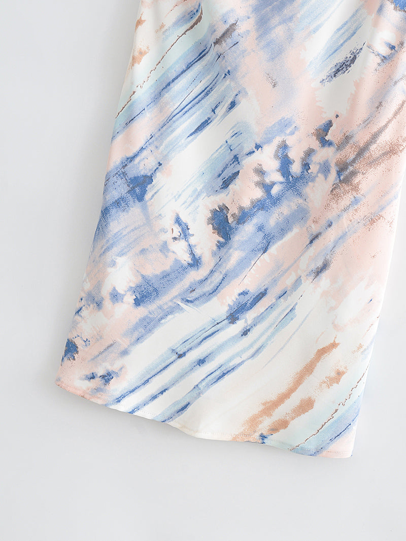 Spring Summer Suspender Swing Collar Rayon Printed Short Tie-Dyed Dress