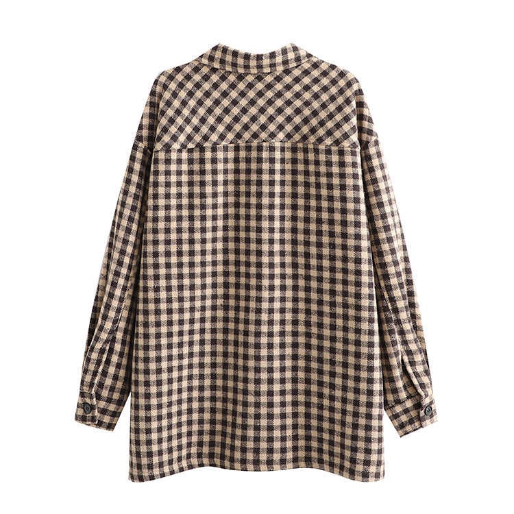 Spring Fashionable Brushed Collared Pocket Decorative Loose Plaid Coat Shacket