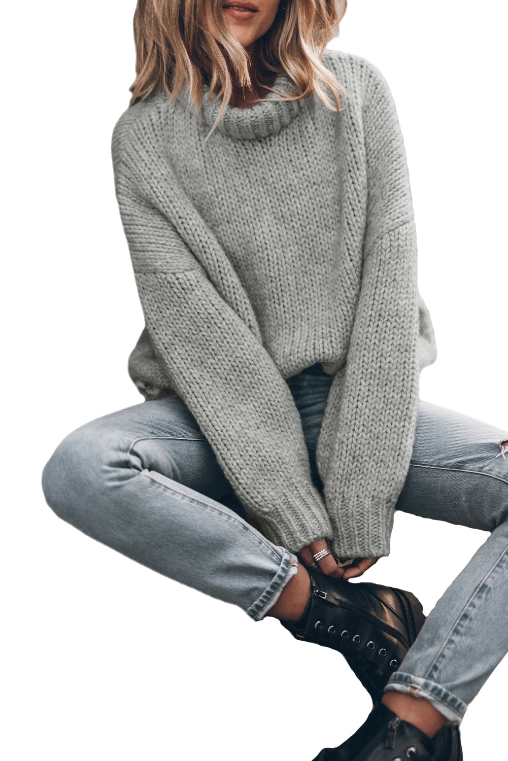 Light Grey Chunky Knit Turtle Neck Drop Shoulder Sweater