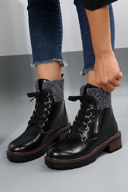 Black Knitted Patched Lace Up Heeled Ankle Boots