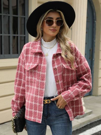 Plaid Collared Neck Long Sleeve Jacket