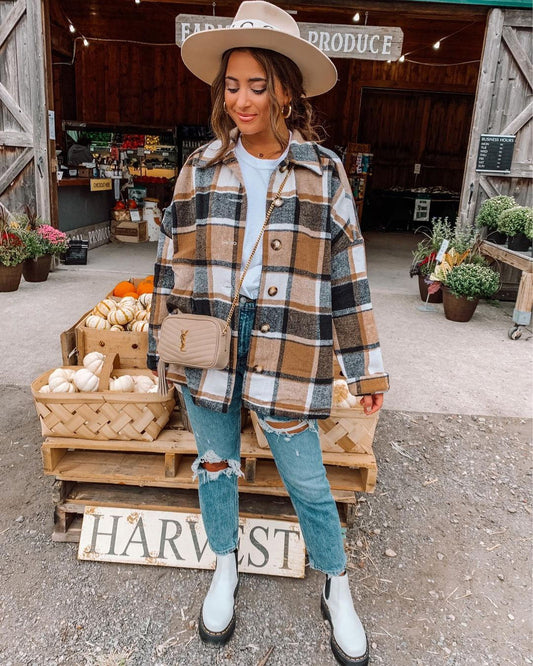 Women Autumn Winter Fashionable Large Plaid Shacket Women Woolen Coat