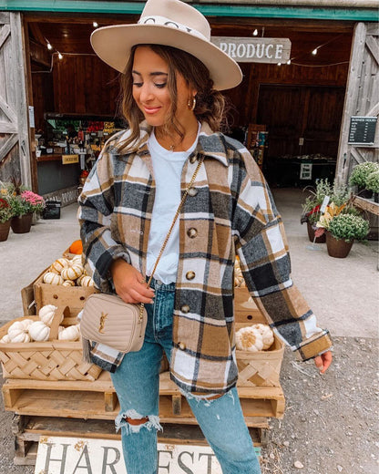 Women Autumn Winter Fashionable Large Plaid Shacket Women Woolen Coat