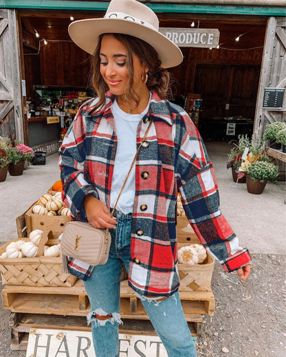 Women Autumn Winter Fashionable Large Plaid Shacket Women Woolen Coat