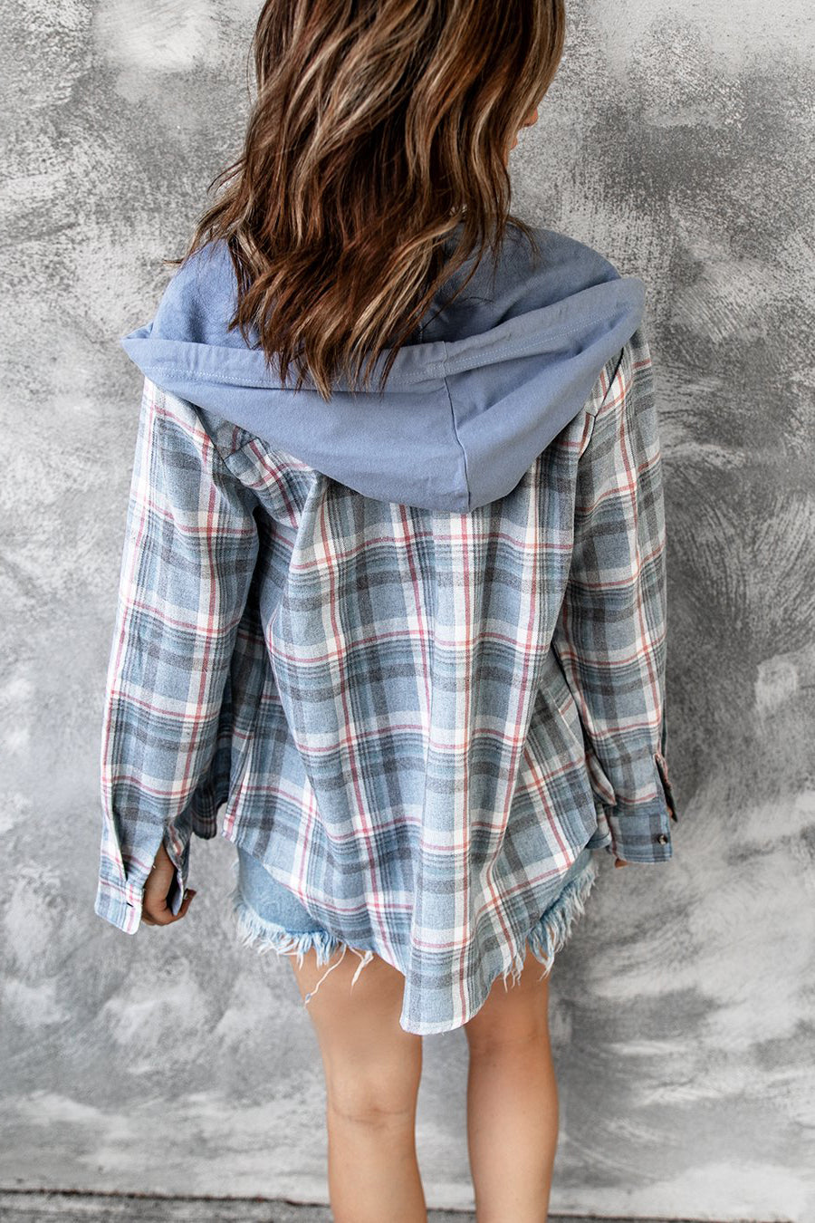 Autumn Winter Women Clothing Hooded Polyester Cotton Plaid Shacket Coat