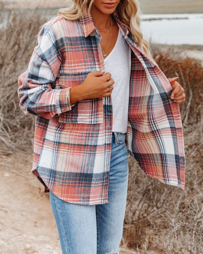 Autumn Winter Women Clothing Mid-Length Large Pocket Plaid Coat