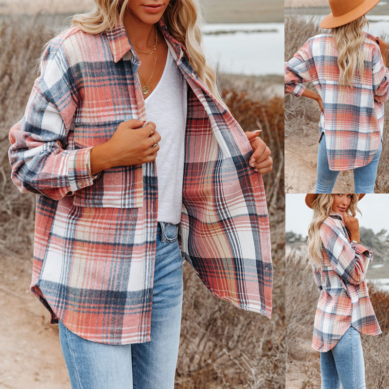 Autumn Winter Women Clothing Mid-Length Large Pocket Plaid Coat