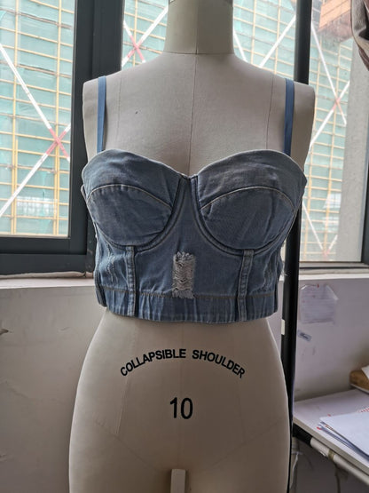 Top Korean Short Frayed Retro Washed Ripped Denim Spaghetti Straps Chest Wrap Slim Fit Vest for Women Summer Boning Corset Boning Corset Corset