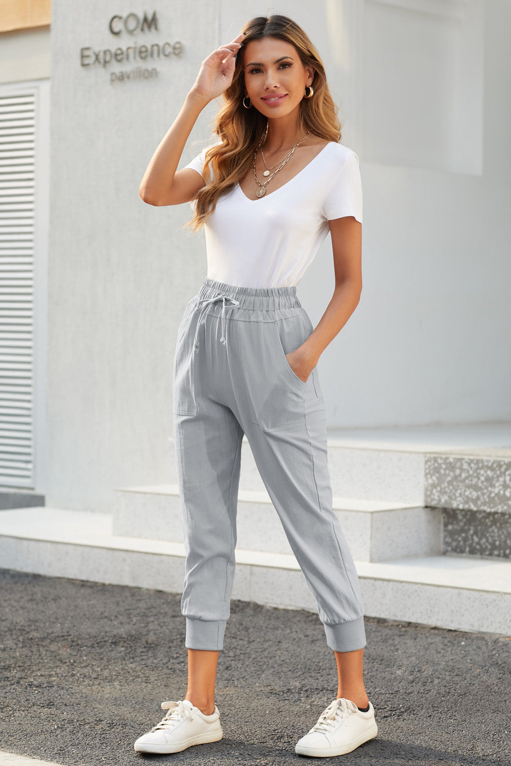 Gray Causal Pockets Elastic Waist Drawstring Pants