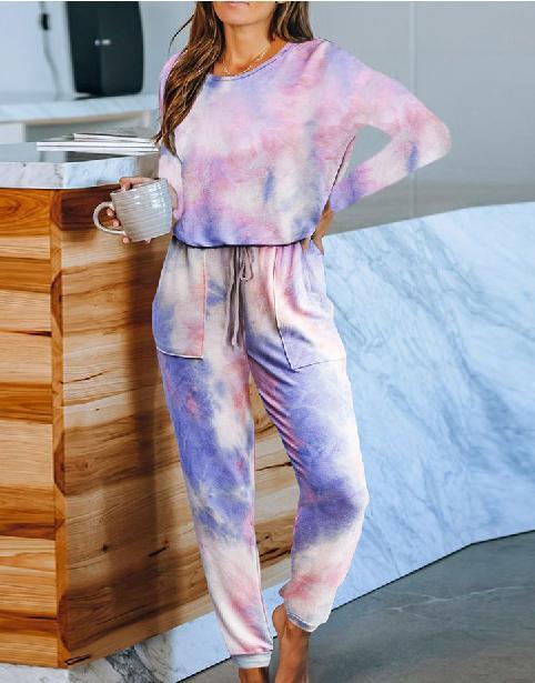 Tie-Dyed One-Piece Pajamas Women Summer Loose Short Sleeve round Neck Ladies Homewear