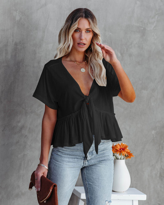 Summer New Women Solid Color Stitching Loose Short Sleeve Lace-up Ruffled Top