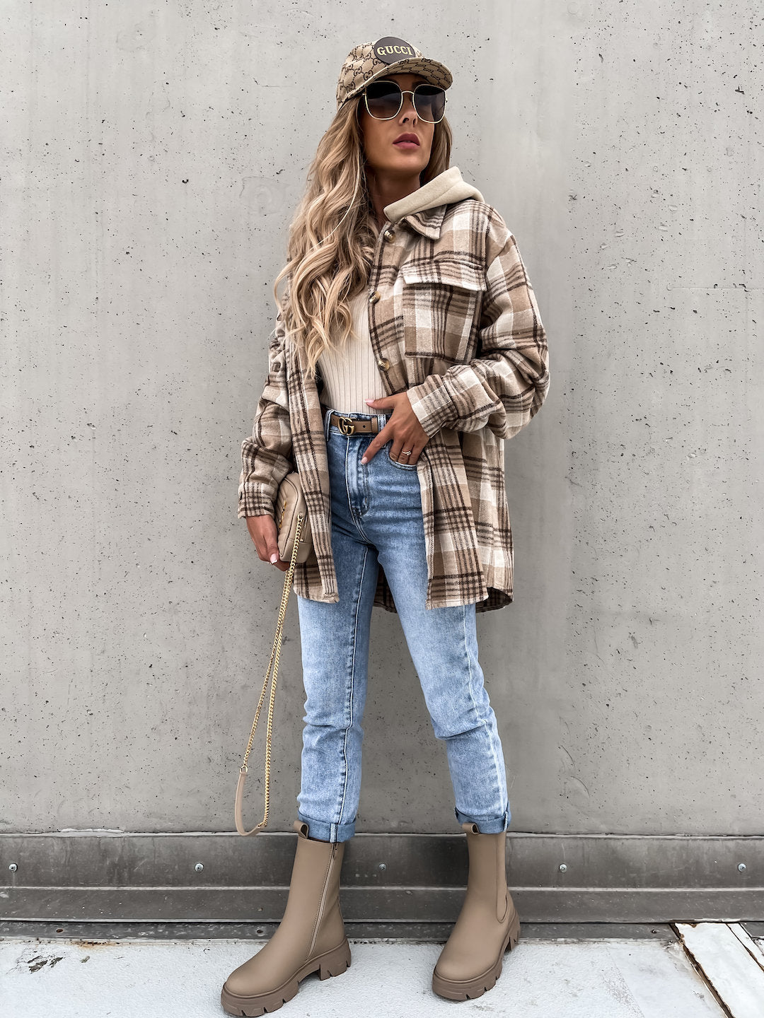 Women Clothing Coat Hooded (Detachable) Woolen Plaid Coat