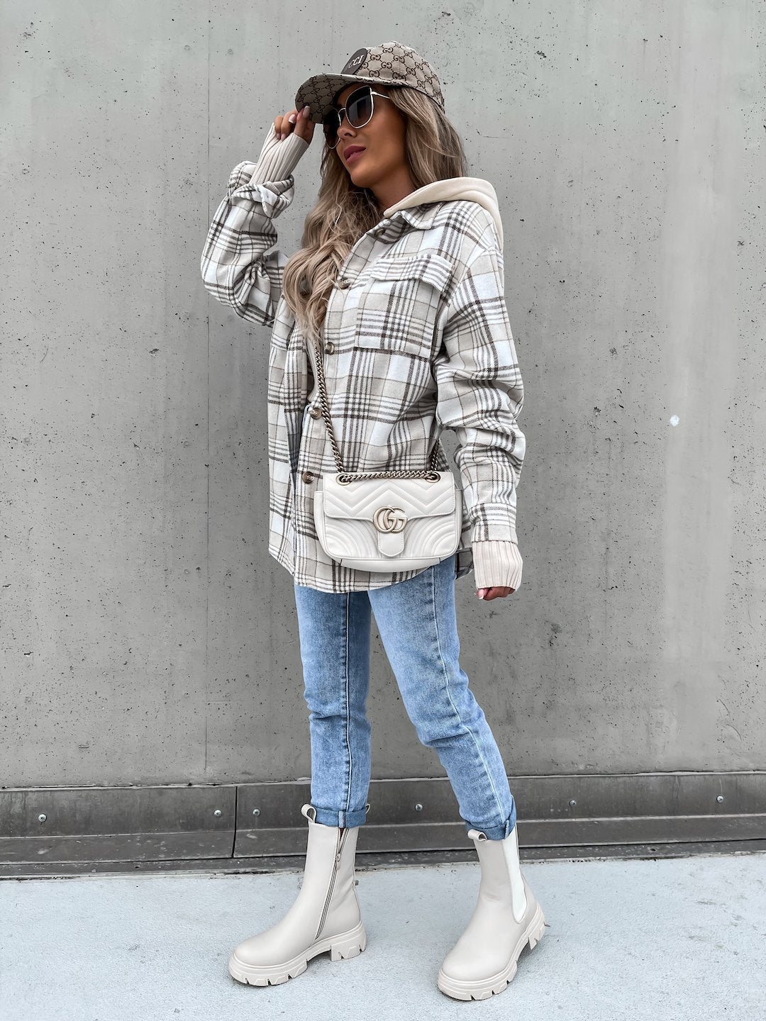 Women Clothing Coat Hooded (Detachable) Woolen Plaid Coat