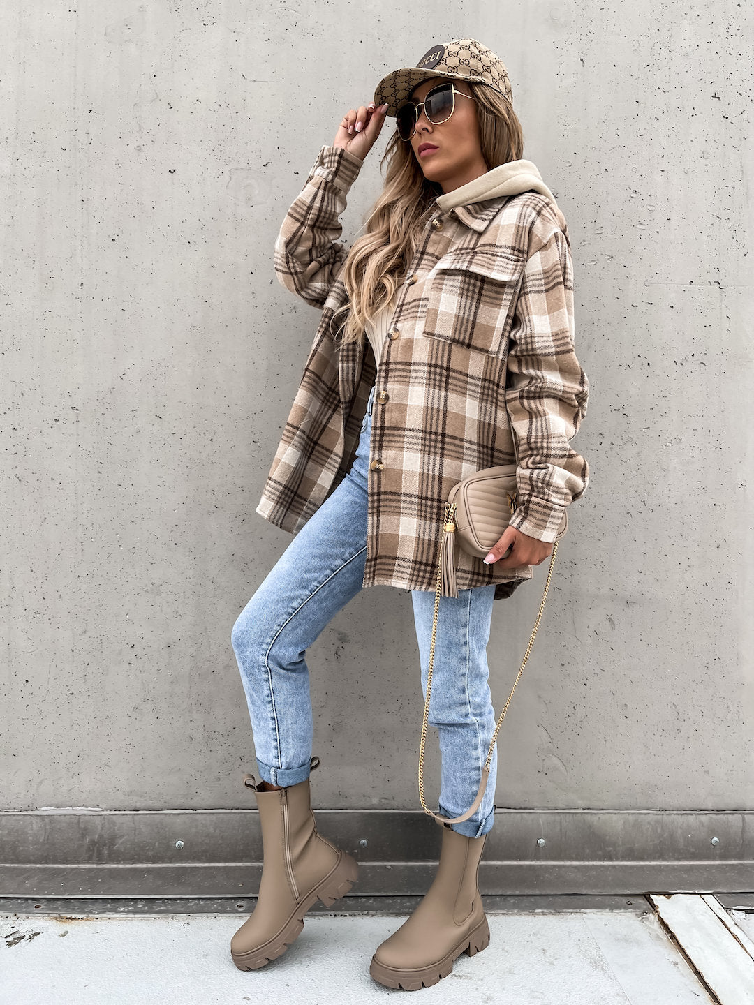 Women Clothing Coat Hooded (Detachable) Woolen Plaid Coat