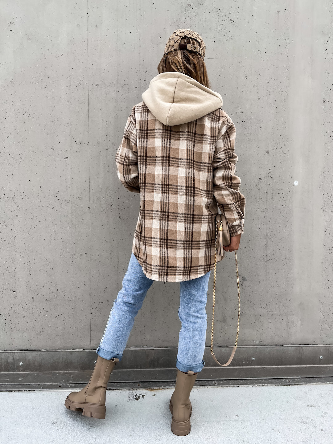 Women Clothing Coat Hooded (Detachable) Woolen Plaid Coat