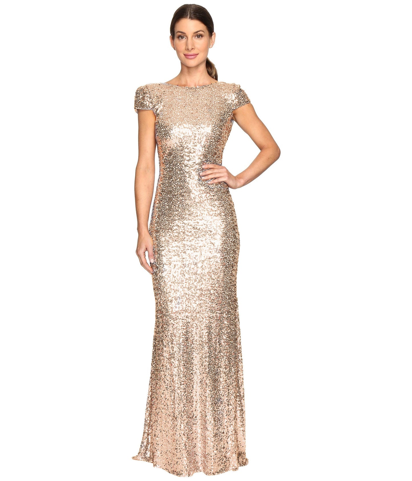 Full Sequined Long Slim U-Shaped Backless Evening Dress Wedding Popular Golden Dress