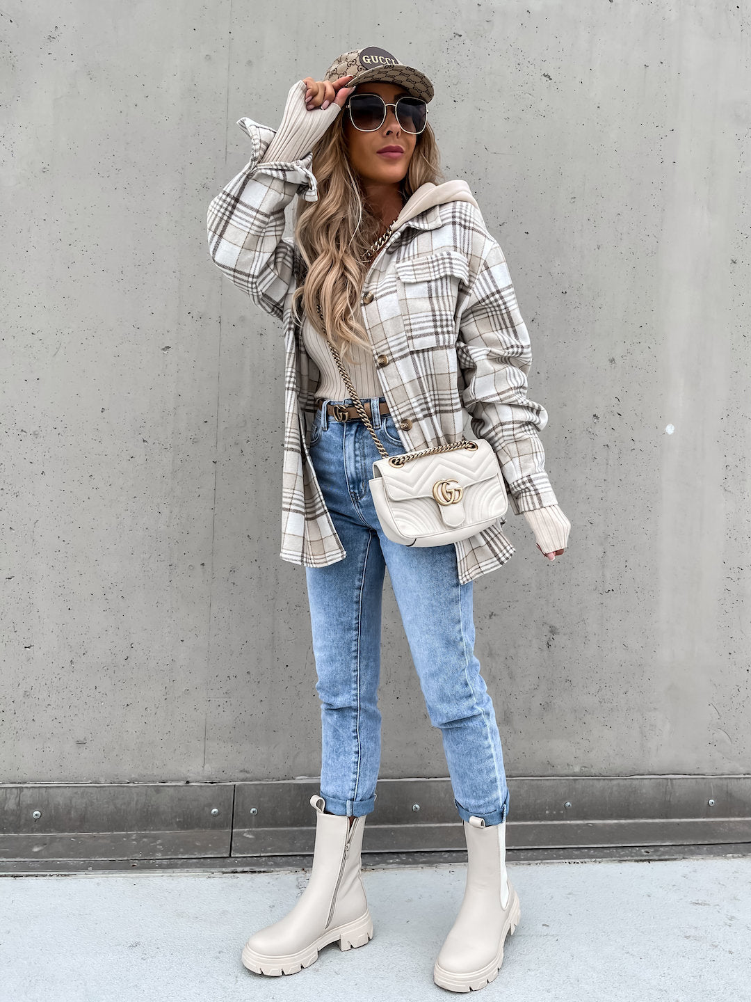 Women Clothing Coat Hooded (Detachable) Woolen Plaid Coat