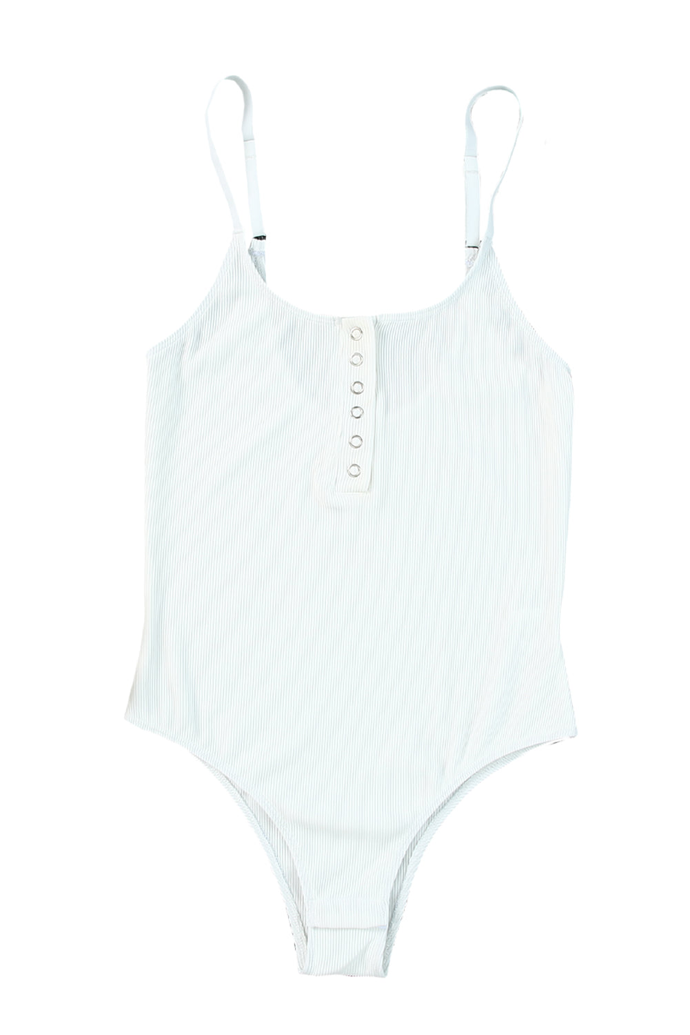 White Ribbed Knit Button Notch Adjustable Straps Bodysuit