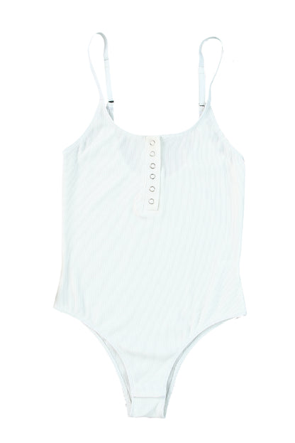 White Ribbed Knit Button Notch Adjustable Straps Bodysuit