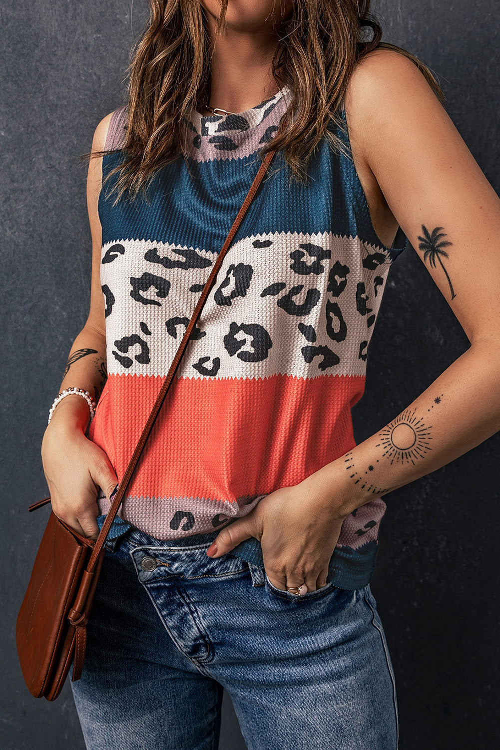 Dark Blue Casual Colorblock Spotted Print Splicing Knit Tank Top