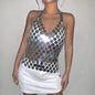 Nightclubs Exaggerated Tassel Metal Texture Sequin Sling Top Sexy Hollow Out Cutout Casual Wafer Body Cha