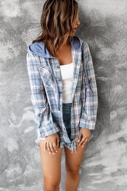 Autumn Winter Street Design Hooded Loose Women Woolen Plaid Coat