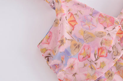 Summer Fashion V-neck Flounce Floral Print Pink Strap Dress Irregular Asymmetric