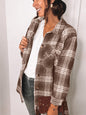 Autumn Urban Casual Long Sleeve Collared Loose Women Shirt Plaid Wool Coat