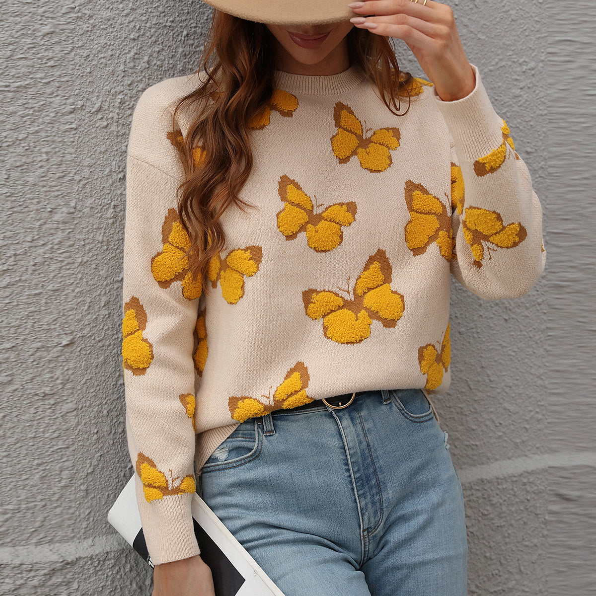 Winter Printed Butterfly round Neck Women Clothing Loose plus Size Knitwear Pullover Women Sweater Boucle