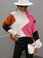 Autumn Winter Loose Color-Block Crew Neck Knitwear Women Pullover Sweater Women