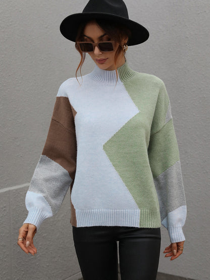 Autumn Winter Loose Color-Block Crew Neck Knitwear Women Pullover Sweater Women