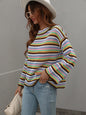 Autumn Winter Stitching Knitwear Women Loose Color round Neck Striped Sweater Women