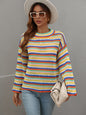 Autumn Winter Stitching Knitwear Women Loose Color round Neck Striped Sweater Women